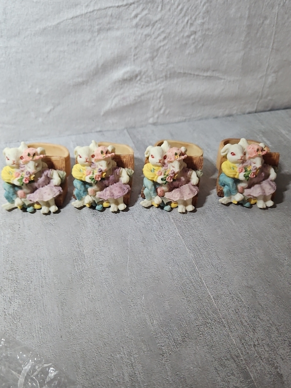 4 vintage resin napkin rings featuring a romantic Victorian rabbit couple Set#2